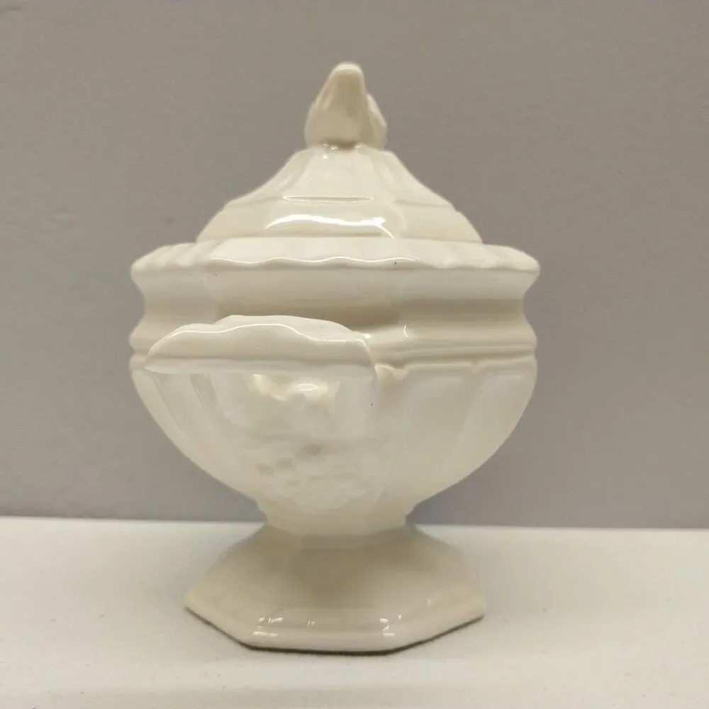 Vintage Ivory Ceramic Covered Sugar Bowl Grape Pedestal w/ Original Metal Spoon